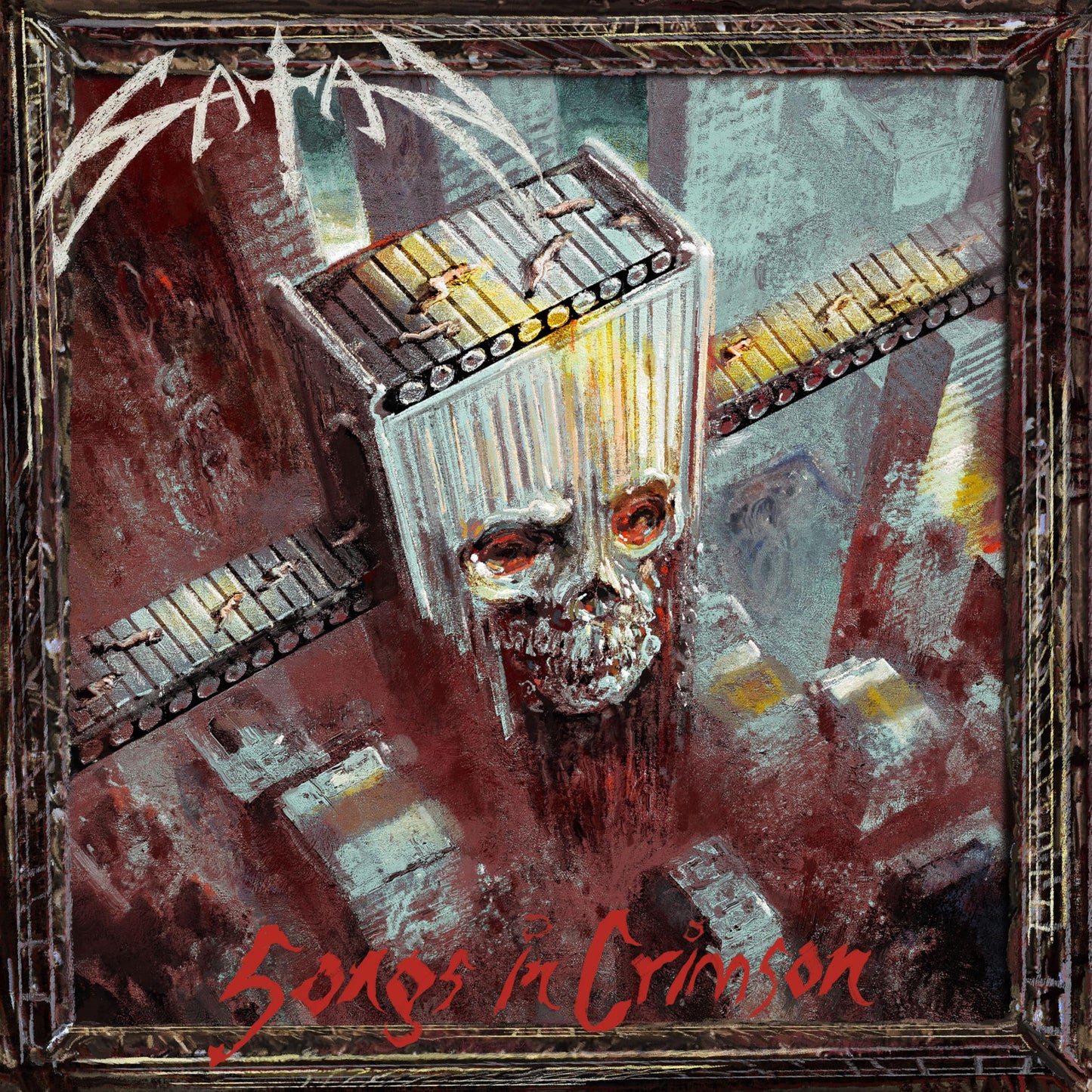 CD cover art: skull formed from a piano and city buildings.