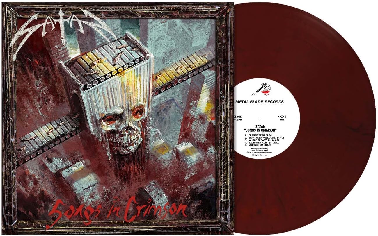 Vinyl record of Satan’s “Songs In Crimson” album, dark red cover art.