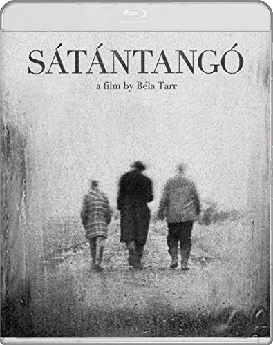 Blu-ray cover for "Sátántangó" featuring three figures walking away.