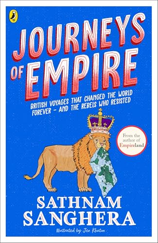 Book cover: “Journeys of Empire” with a lion holding a map and crown.