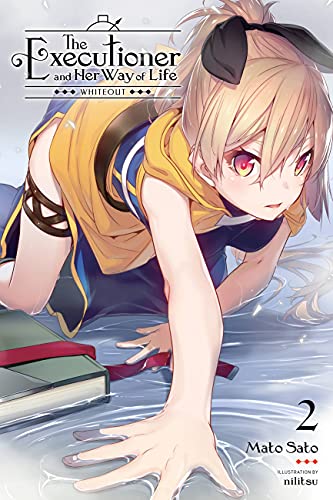 Anime girl with blonde hair kneels, holding a sword, book nearby.