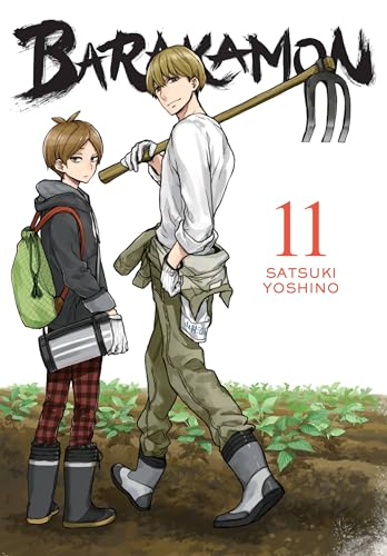 Manga cover: two young men in rural clothing with a hoe.