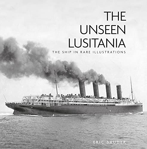 Black and white photograph of the Lusitania ocean liner at sea.