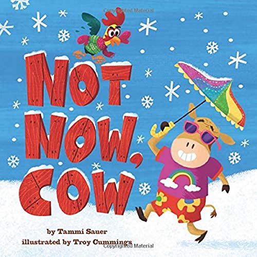 Book cover: a cow with sunglasses and a colorful umbrella, a rooster above.