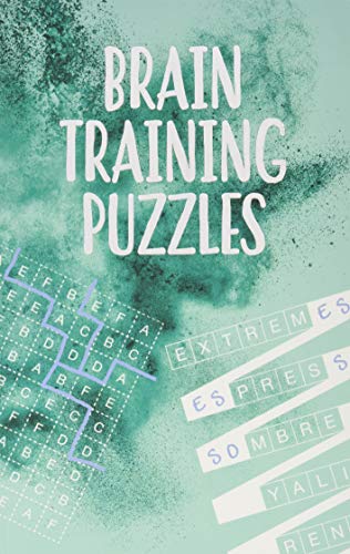 Book cover with white "Brain Training Puzzles" text over a teal and purple abstract background.