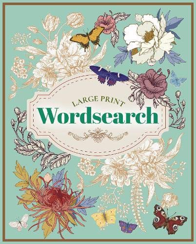 Book cover with floral illustrations, butterflies, and the title Large Print Wordsearch on mint.