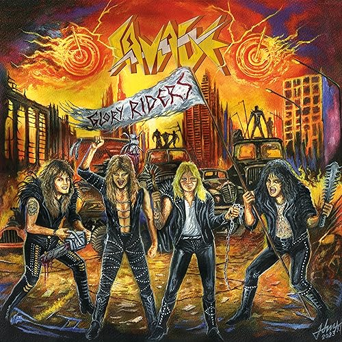 Four long-haired metal musicians in leather outfits stand before a burning, post-apocalyptic city.