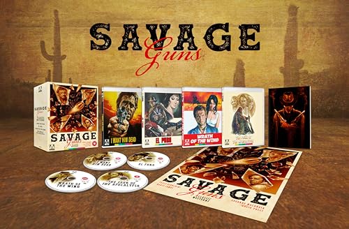 “Savage Guns” Blu-ray box set with four western film covers and bonus discs.