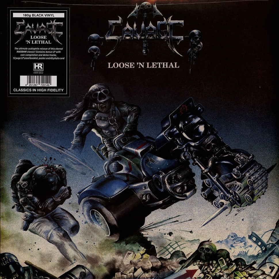 Album cover art featuring a skull-faced rider on a futuristic motorcycle amidst battlefield debris.