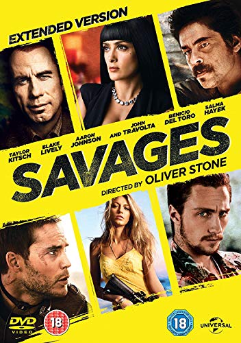 "Savages DVD cover featuring six close-up actor photos on a yellow background."