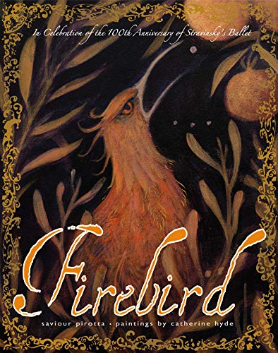 Painted illustration of a fiery orange and yellow bird amongst dark foliage.
