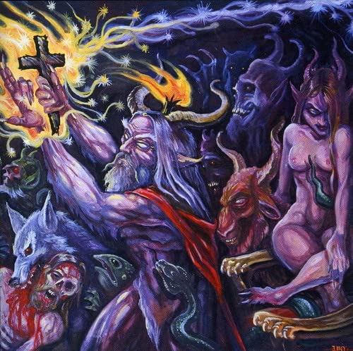 Dark fantasy album cover with horned figures, demons, and a wolf.