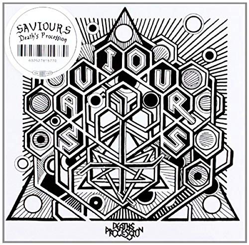 Black and white CD cover with geometric shapes and band name "Saviours".