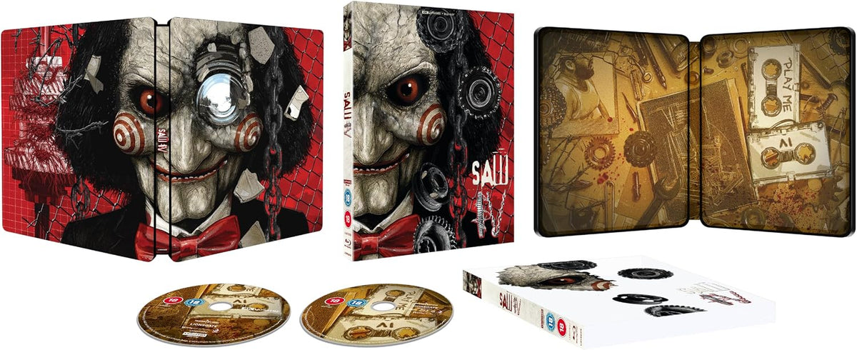 SteelBook case for "Saw IV" featuring Jigsaw's face and trap imagery.