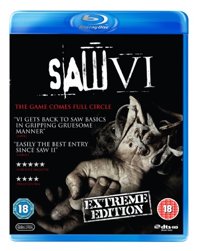 Saw VI" Blu-ray cover with distressed hands and a metallic trap.