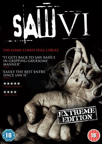 DVD cover for horror film "Saw VI" featuring a hand holding a foot trap.