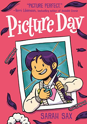 Book cover: girl with purple hair holding scissors, smiling.