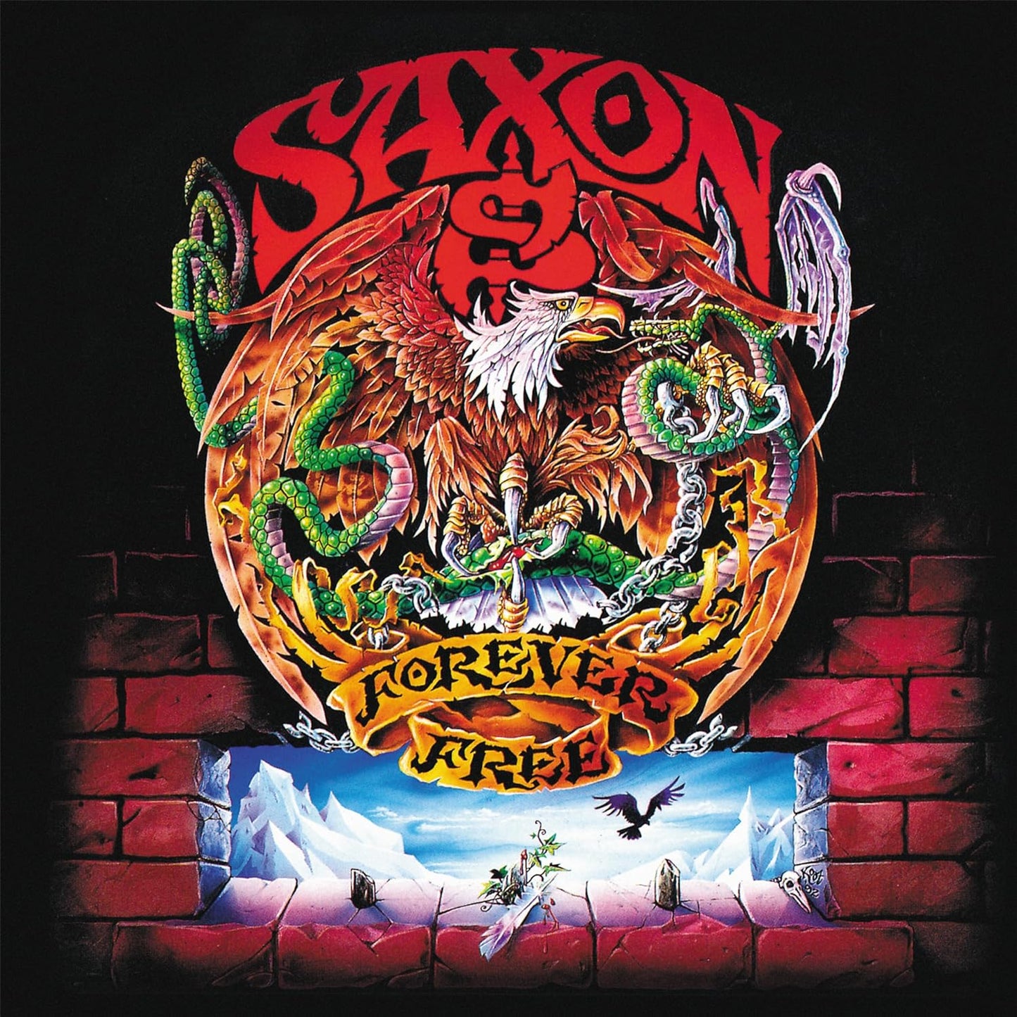 Album cover art featuring a bald eagle fighting a green snake above a brick wall.