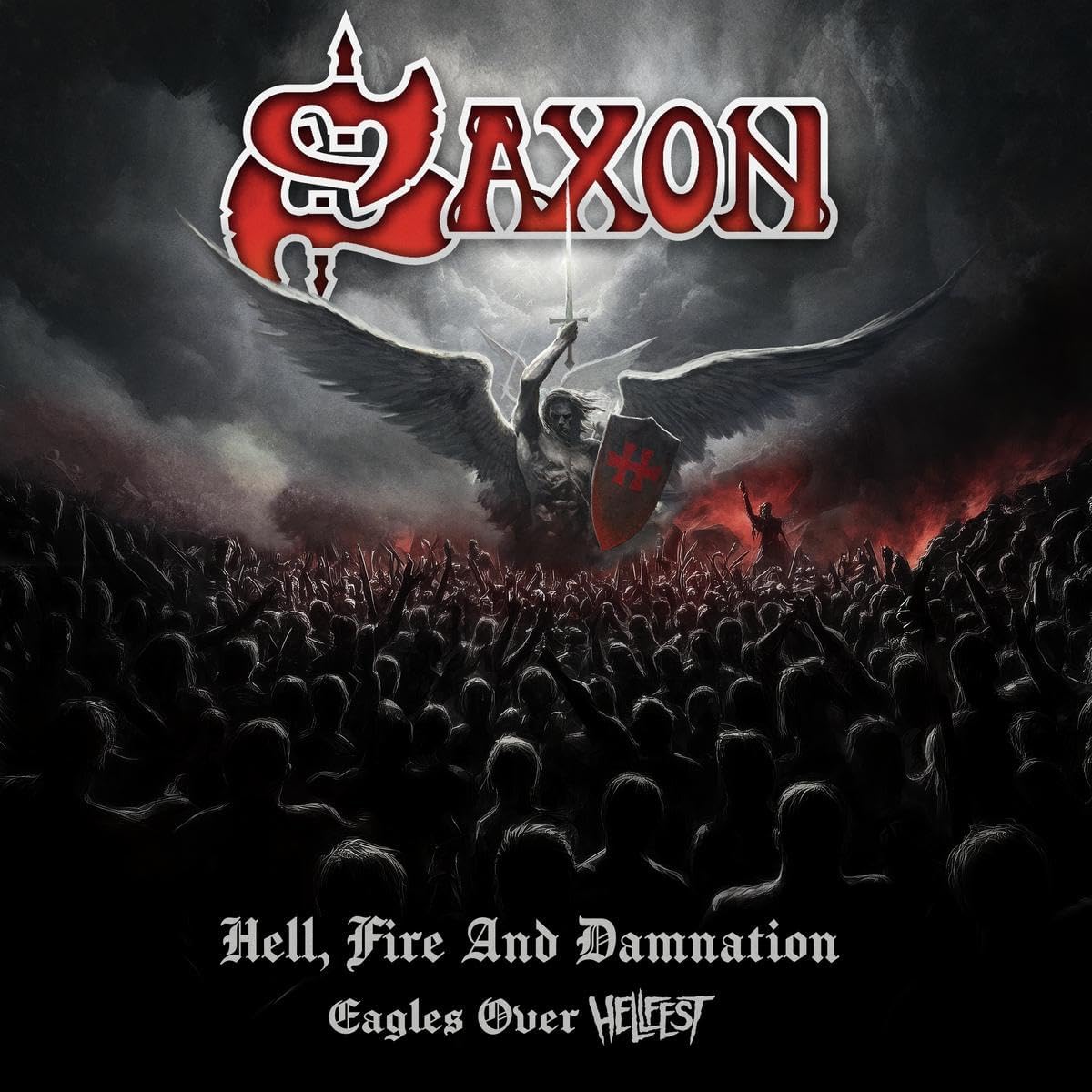 Saxon album cover: fiery hellscape with a warrior and wings.