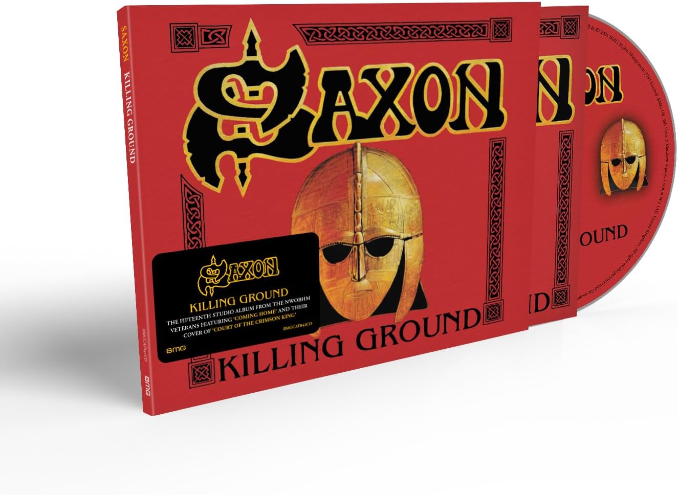 Saxon Killing Ground CD case with red cover, Viking helmet illustration, and black sticker.