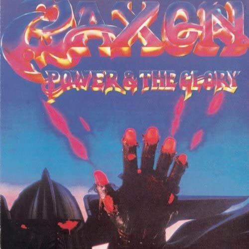 Saxon "Power & the Glory" CD cover with armored hand and fiery text.