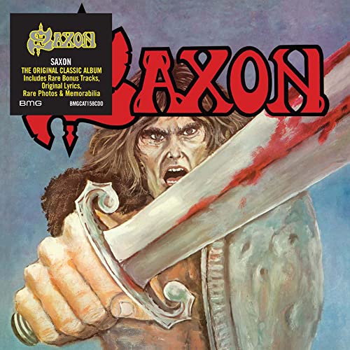 Album cover featuring a warrior holding a bloodied sword with the band name Saxon.