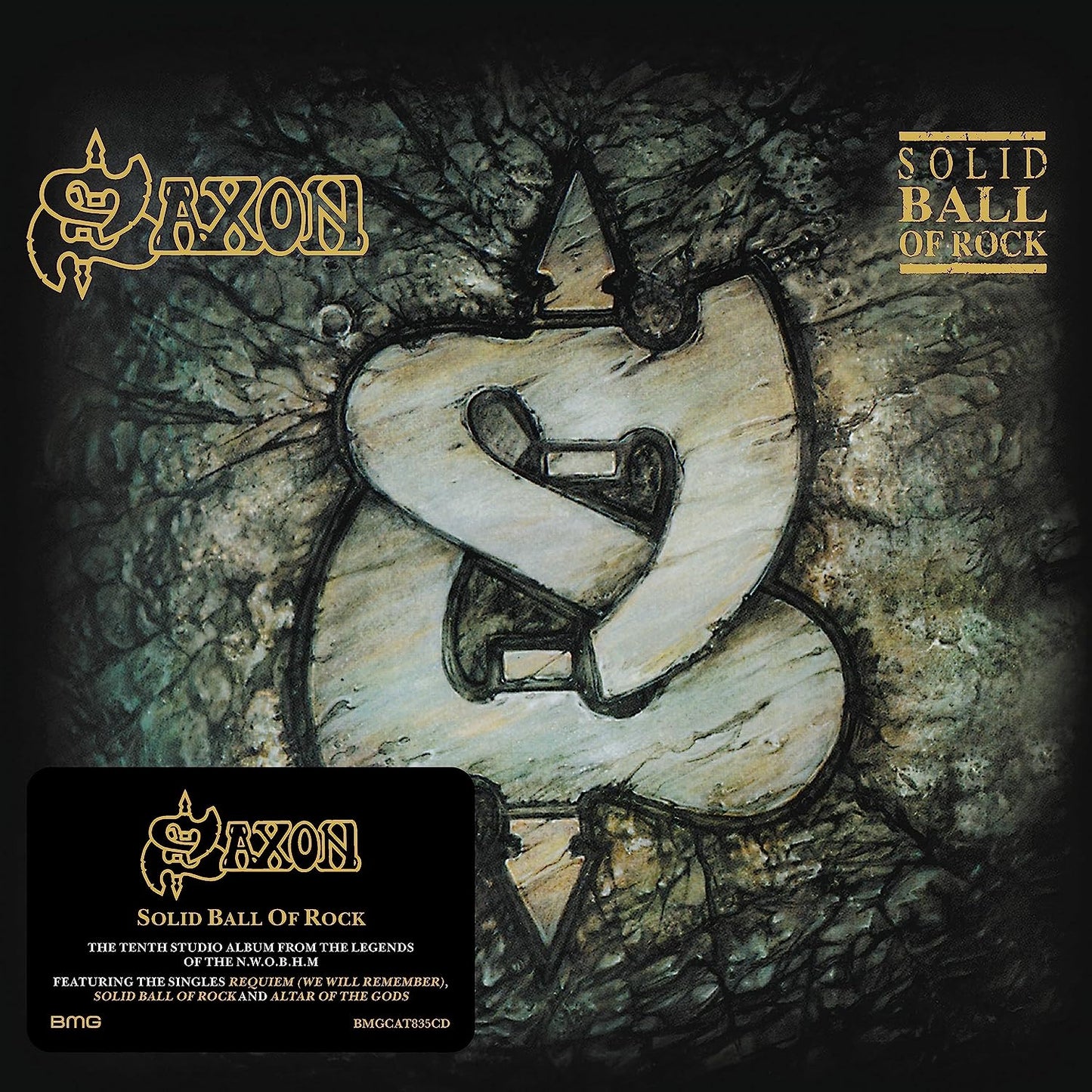 CD cover for Saxon’s “Solid Ball of Rock” featuring rocky imagery.