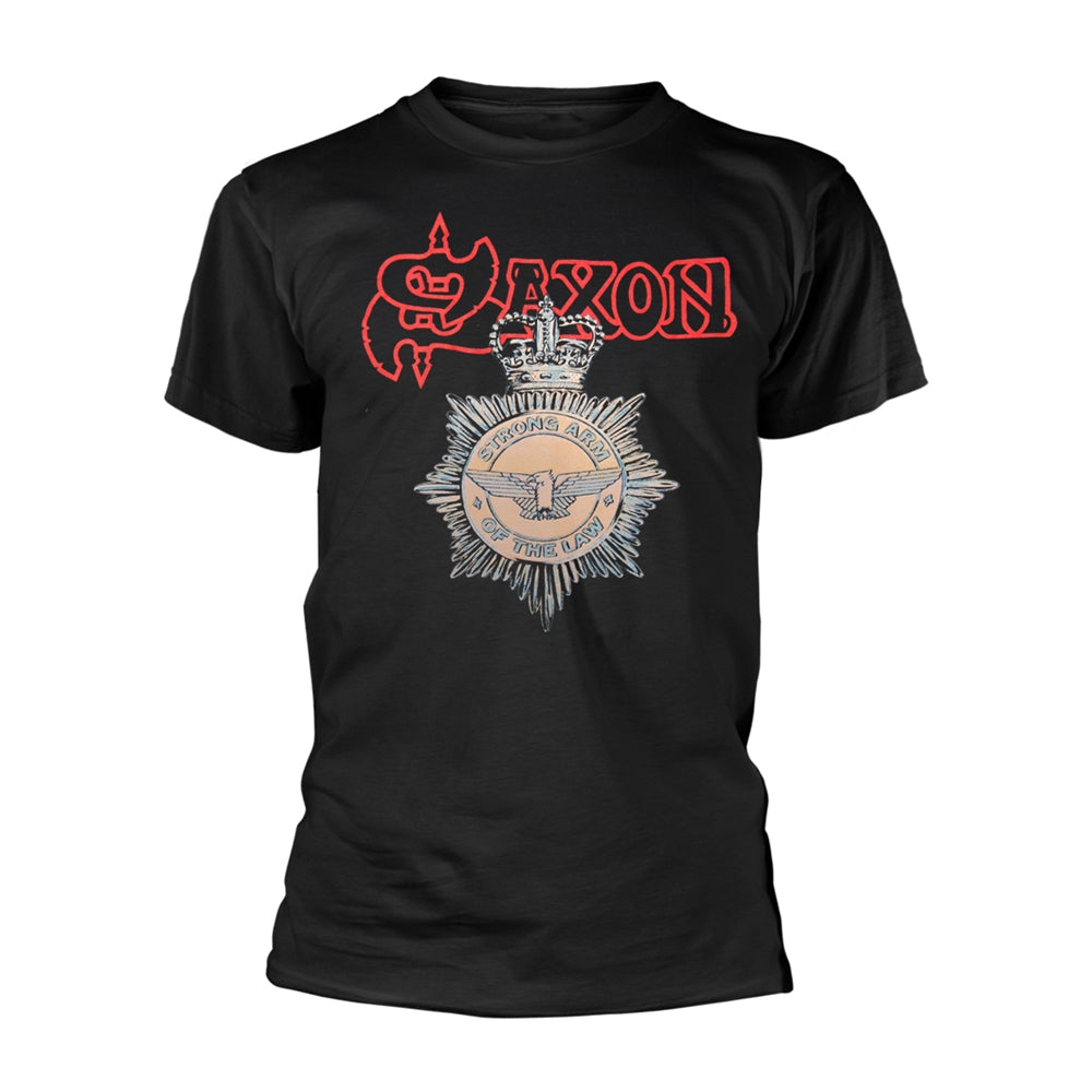 Black t-shirt featuring a red Saxon logo and a Strong Arm of the Law badge.