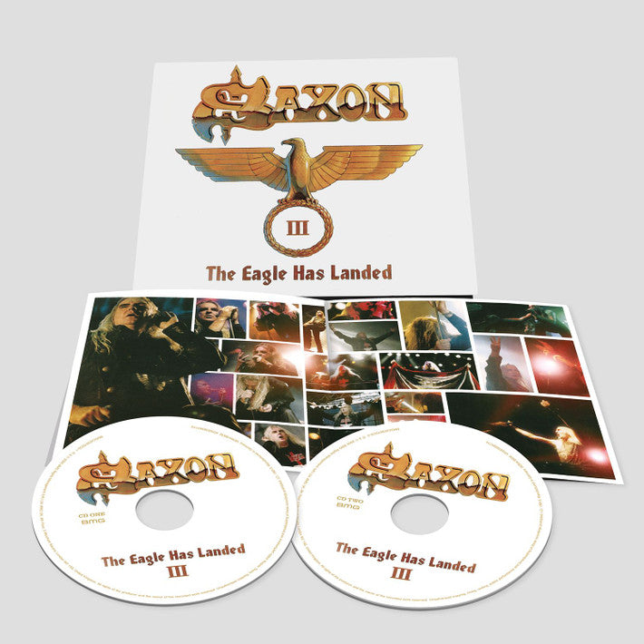 Saxon album "The Eagle Has Landed, Pt. 3" with CD cases and photos.