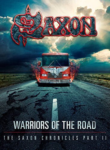 "Saxon DVD cover featuring a flaming tour bus on a road with stormy sky."