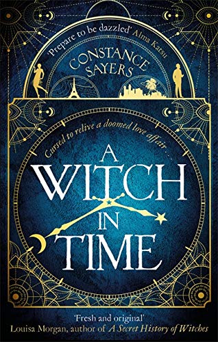 Book cover for “A Witch in Time” with clock and city illustration.