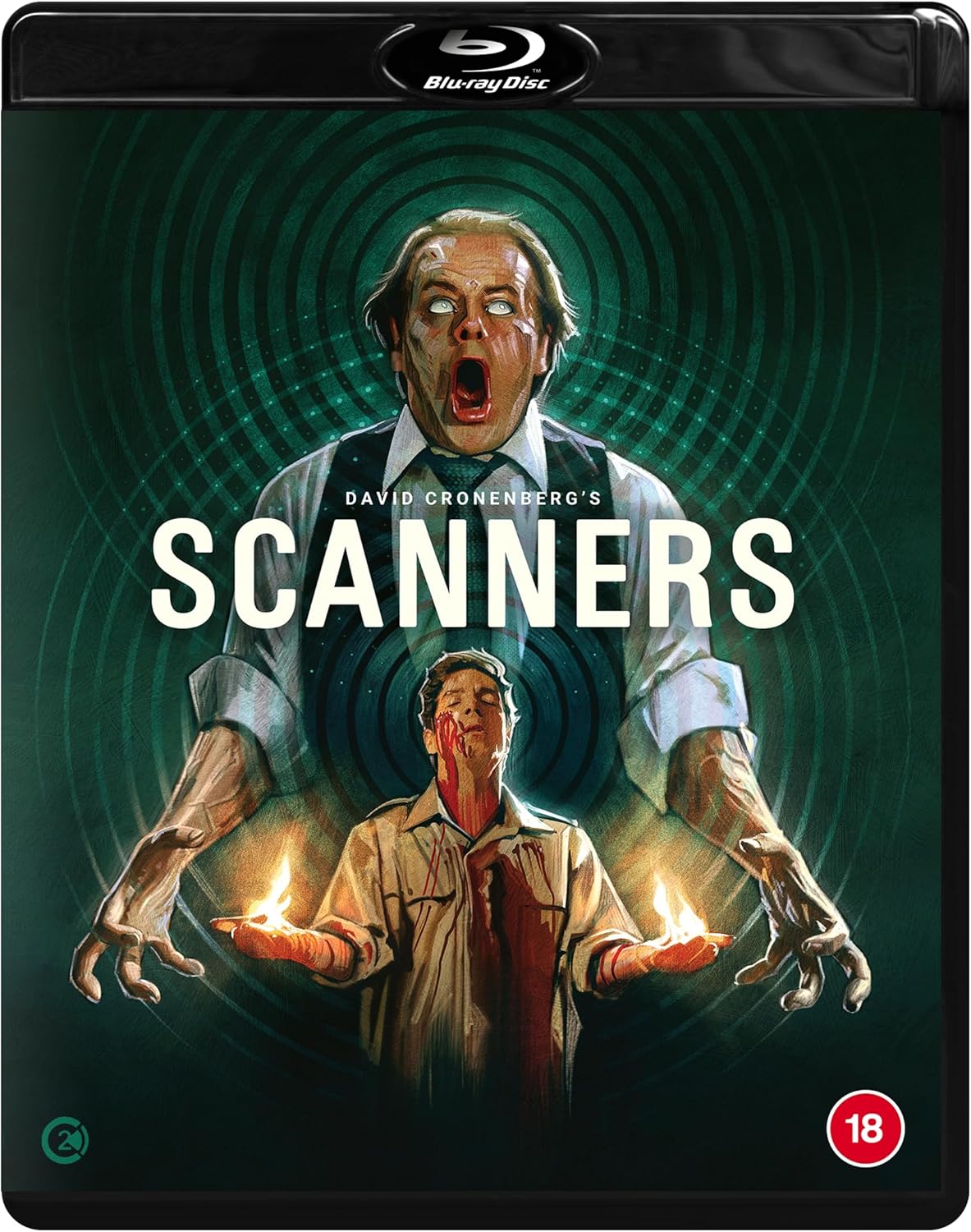 Scanners" Blu-ray cover with distressed man and concentric green rings.