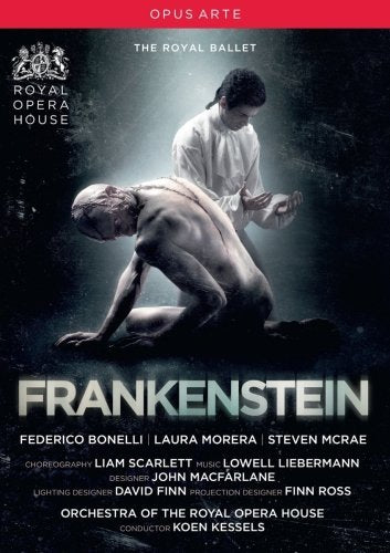 "DVD cover featuring a ballet performance of Frankenstein with a kneeling figure and creator."