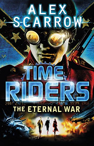 Book cover: young man in goggles, wartime imagery, and title "TimeRiders".