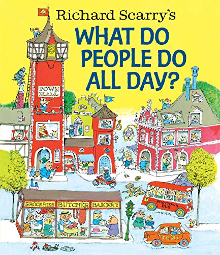 Richard Scarry’s book cover depicting a busy town with animal characters.