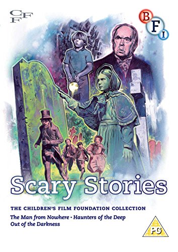 DVD cover for "Scary Stories" with illustrations of people and a gravestone.