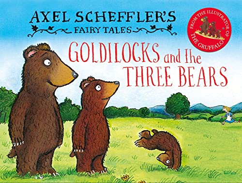 Book cover illustration showing two standing bears, a tumbling bear, and running Goldilocks.