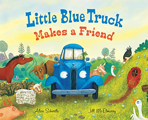 A blue truck is surrounded by various farm animals in a grassy field.
