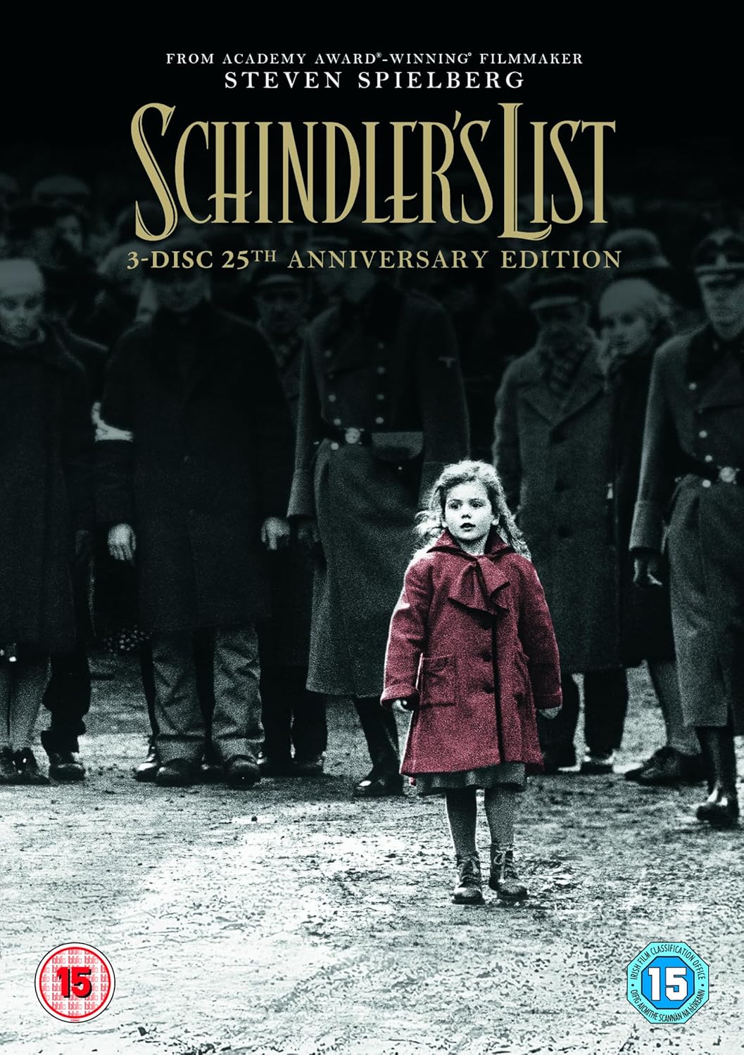 DVD cover for Schindler's List featuring a girl in a red coat among people.