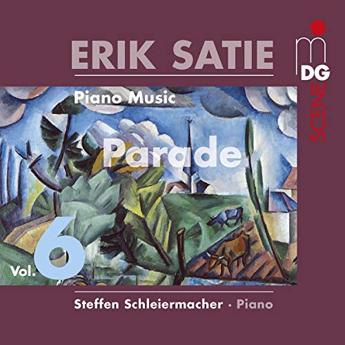 A maroon CD cover featuring a cubist painting and text "Erik Satie Piano Music".