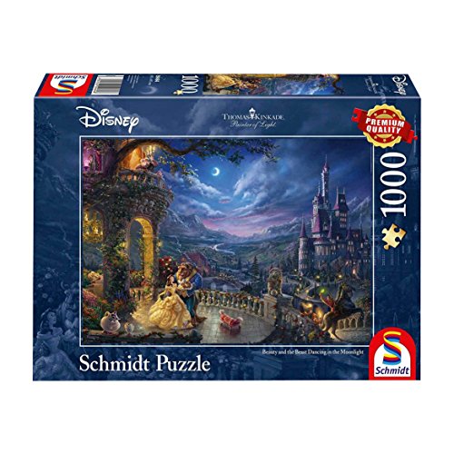 Schmidt 1000-piece puzzle box featuring Thomas Kinkade's Beauty and the Beast moonlight dance scene.