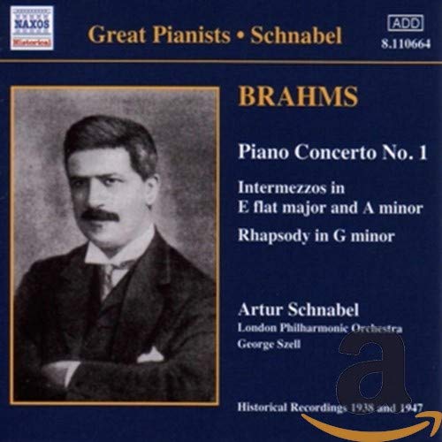 CD cover featuring pianist Artur Schnabel and text “Brahms: Piano Concerto No. 1”.