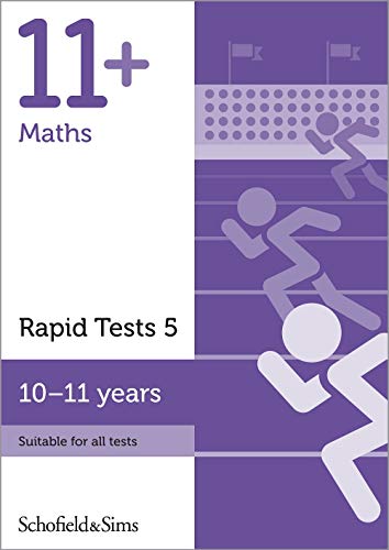 Purple book cover with "11+ Maths Rapid Tests 5" and running figures.