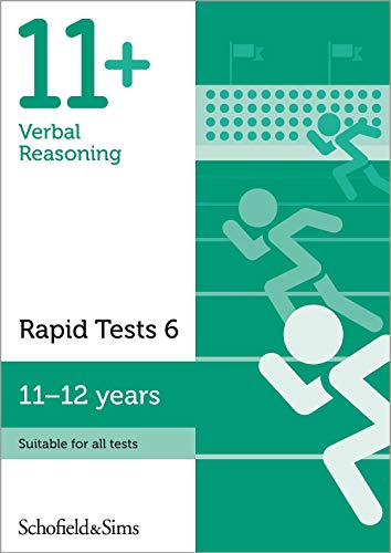 Green and white book cover with running figures, text “11+ Verbal Reasoning”.