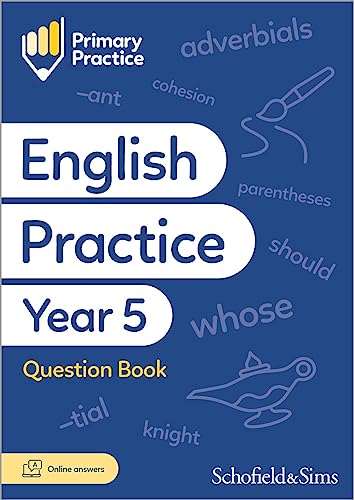 Primary Practice Year 5 English question book cover with blue background and white text.