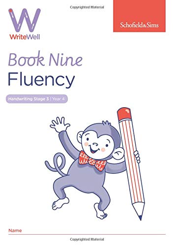 WriteWell 9 Fluency book cover with a cartoon monkey and pencil.