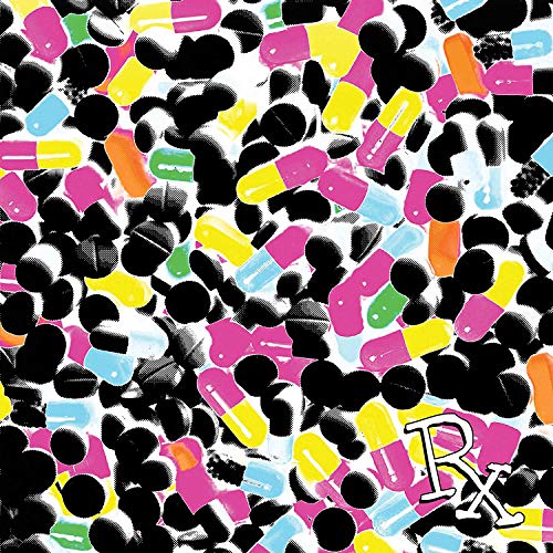 The image shows a pattern of colorful pills and capsules with a 'RX' symbol.