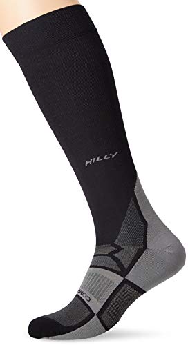 Black and gray knee-high athletic sock with the brand "Hilly" visible.