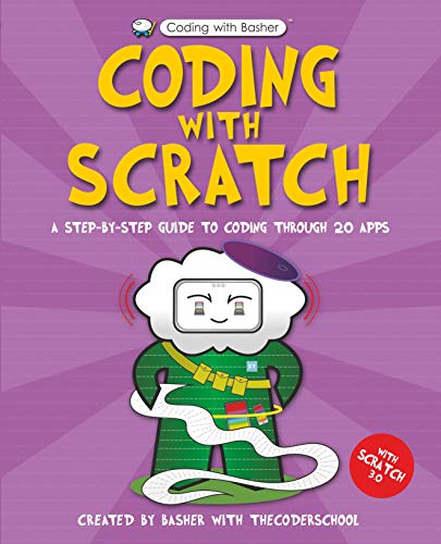 Book cover: "Coding with Scratch" featuring a cartoon robot character.