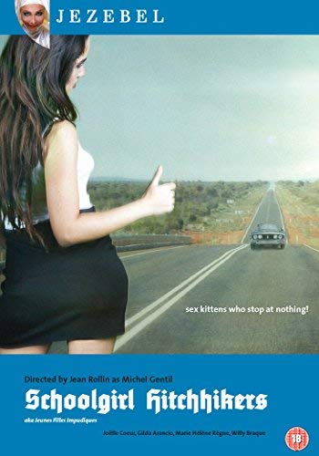 DVD cover for “Schoolgirl Hitchhikers” featuring a young woman hitchhiking.